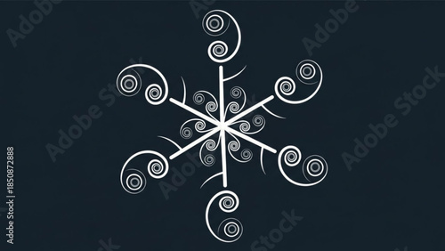 Intricate white snowflake design with swirling patterns on dark background, winter decorative element, frosty artistic motif, snowflake ornament, elegant icy texture