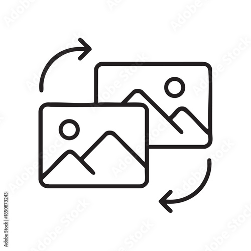 A simple black and white line drawing depicts two overlapping rectangles with image symbols and circular arrows