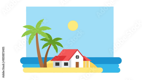 Serene Tropical Island Villa with Palm Trees Under a Sunny Sky, Perfect for Vacation Getaways