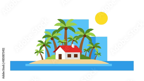 Tropical island getaway with a cozy house, palm trees, and a sunny sky, symbolizing vacation and relaxation