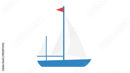 A classic blue sailboat with white sails and a red flag, perfectly rendered in a minimalist vector illustration style on a clean white background, evoking adventure and freedom