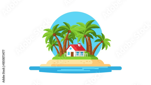 Tropical Island Paradise with a Cozy House and Palm Trees, Representing Vacation and Relaxation