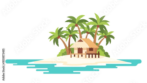 Tropical island paradise with palm trees and a beach hut, a serene and idyllic vacation destination surrounded by turquoise ocean waters