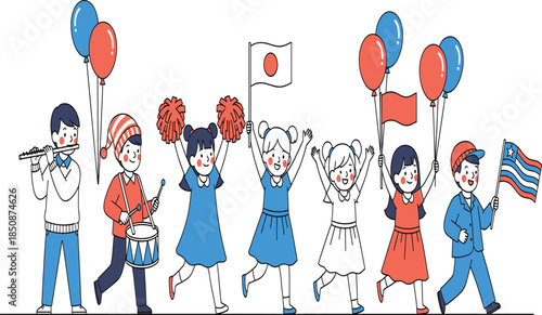 Set of Cute Children Participating in a Festive Parade with Flags Balloons and Musical Instruments for School Celebration Graphics.