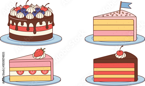 Set of Delicious Cake and Cake Slice Illustrations Featuring Chocolate Strawberry and Vanilla Flavors for Bakery and Birthday Themes.