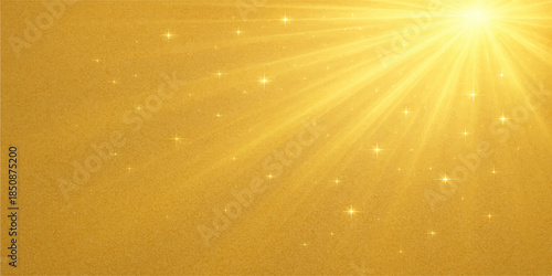 An abstract gold star burst design features bright orange and yellow rays of sunlight glowing against a blue sky backdrop to create a sunny summer flare illustration