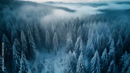 Serene snowy forest landscape, Aerial view of a snowy forest with tall evergreen trees, mist hovering above the ground, mountains in the background