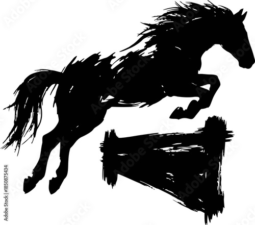 Majestic Jumping Horse Silhouette in High Contrast Asian Ink Brush Style - Solid Black Vector Illustration