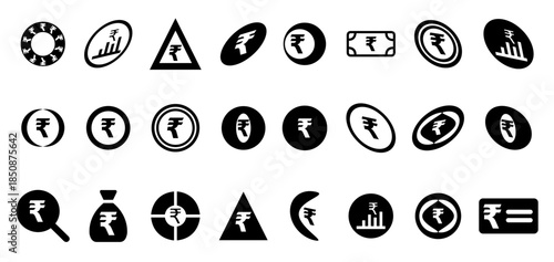 Indian rupee symbol vector icons collection representing investment growth, business analytics, and financial charts