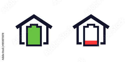 home battery icons with house, power backup system pictograms on white