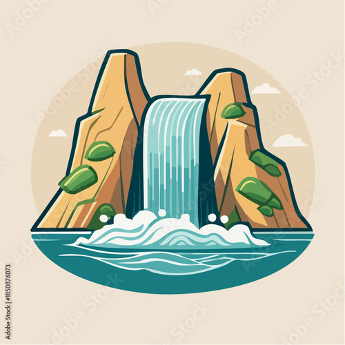 Cartoon illustration of a waterfall cascading between two rocky cliffs into a pool of water.