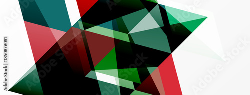 Abstract geometric shapes overlap, creating dynamic composition. Red, green, black, white dominate design. Modern aesthetic.
