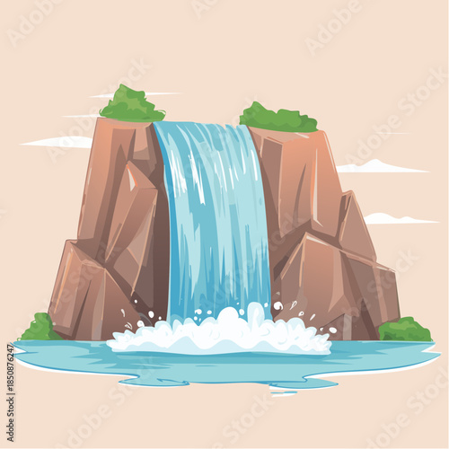 Illustration of a waterfall cascading down rocks into a pool of water, with greenery and a light background.