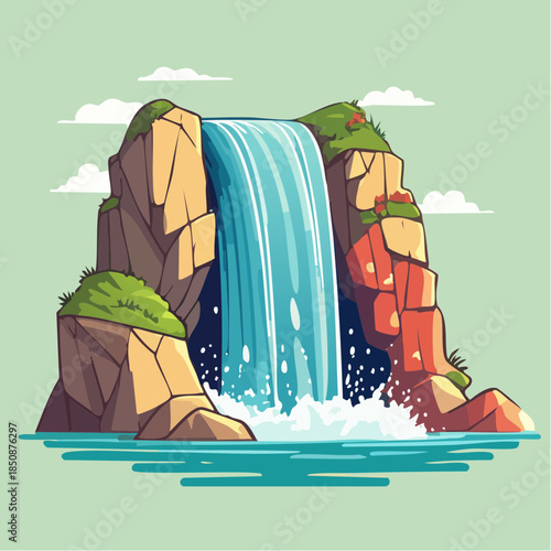 Cartoon illustration of a waterfall cascading over rocks into a pool of water.