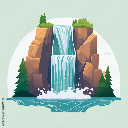 Cartoon waterfall cascading down rocky cliffs into a pool of water.