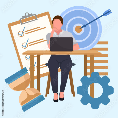 Woman working on laptop in office deadline many tasks pressure business composition flat illustration