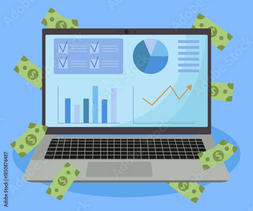 Office laptop with bussines charts raising graphics green money in background