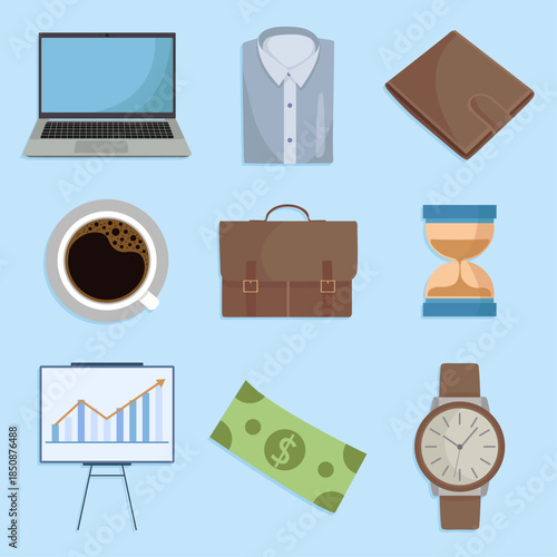 Business or office workers elements hand clock laptop graphics coffee money wallet houglass
