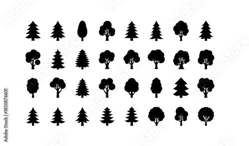 Organic black tree silhouettes vector illustration with varied forest and botanical shapes