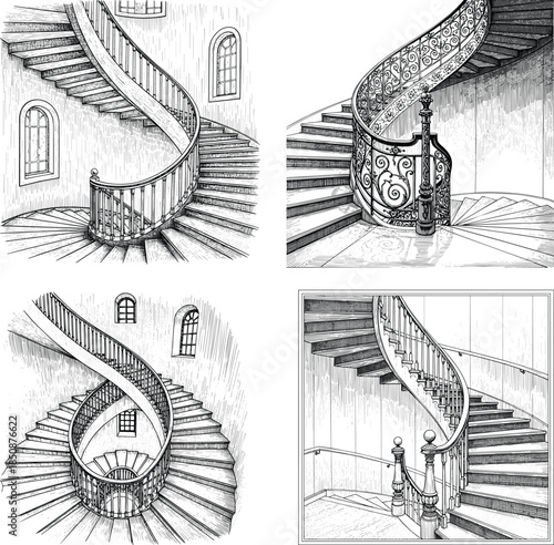 Interior Spiral Stairway Architecture Etching Engraving Style Vector Icon Set Isolated Historic Classical Design Illustration