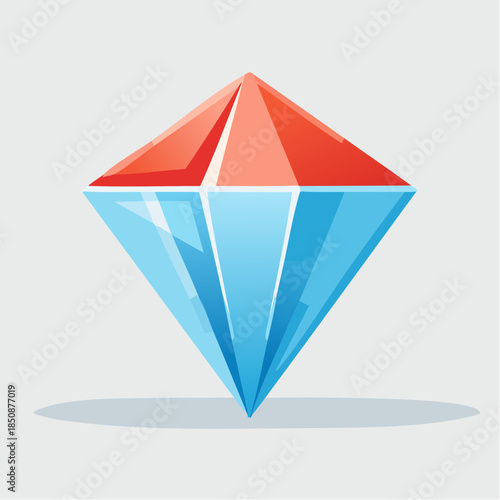 Stylized diamond with a red top and blue bottom, casting a shadow on a light gray background.