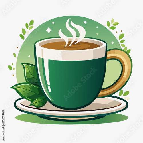 Illustration of a green teacup with steam rising, on a saucer with leaves.