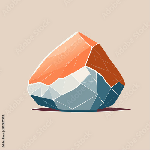 Stylized illustration of a geometric rock formation with orange and blue facets on a beige background.