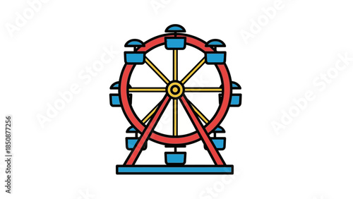 A colorful illustration of a Ferris wheel with red and blue cabins against a white background.