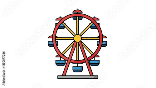 A colorful illustration of a Ferris wheel with blue gondolas against a white background.