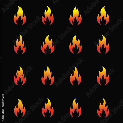 Collection of vibrant orange and yellow flame icons on a vector illustration