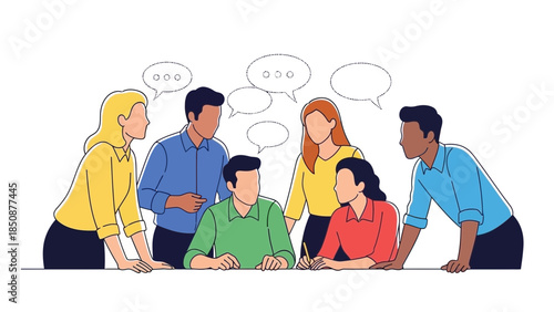 Diverse Team Collaboration Brainstorming Session with Speech Bubbles.