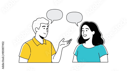 Illustration of a man and woman in conversation with speech bubbles.