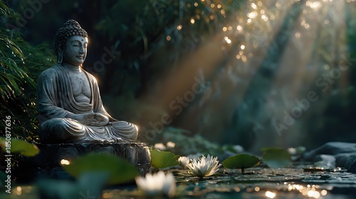 Peaceful Buddha statue in meditation pose beside lotus flower in serene garden with golden sunlight rays filtering through lush greenery for zen mindfulness.