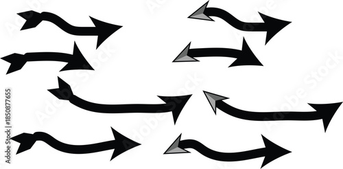 Hand-drawn navy blue arrows collection. Diverse directional elements including curved, wavy, spiral, straight, and zigzag arrows on white background. Perfect for presentations, infographics, flowchart