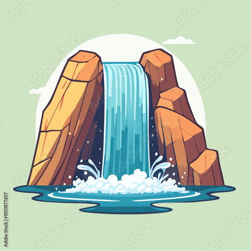 Cartoon illustration of a waterfall cascading between two rocky cliffs into a pool of water.