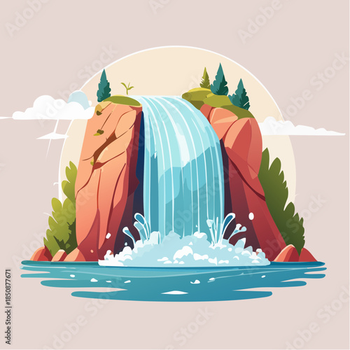 Cartoon waterfall cascading over rocky cliffs into a pool of water, surrounded by greenery.