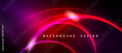 Abstract neon lines create vibrant curves. Dark background emphasizes glowing pink, purple hues. Modern design element.