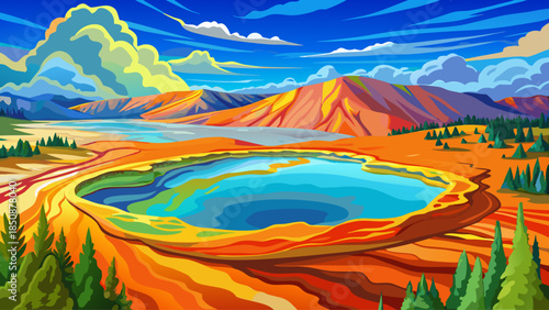 Very beautiful view of the Grand Prismatic Spring in Yellowstone National Park, featuring vivid colors, steaming waters, and immense scale that highlight one of nature’s most striking geothermal featu