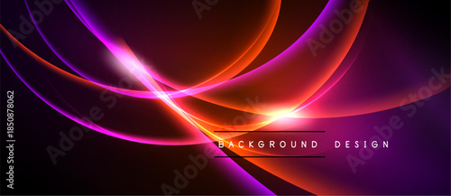 Abstract flowing lines create vibrant energy. Red, purple, pink hues dominate dark background. Modern design element.