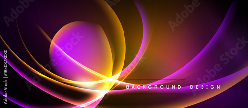 Abstract vibrant design features flowing curves, purple, orange hues. Dynamic light creates modern visual impact. Background text reads background design.