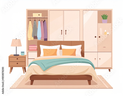 Cozy and modern bedroom interior with a bed, nightstand, lamp, and wardrobe, featuring an organized closet space and home decor.