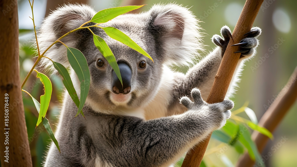 Fototapeta premium Playful Koala Clings To Tree Branch Among Green Leaves In Sunshine