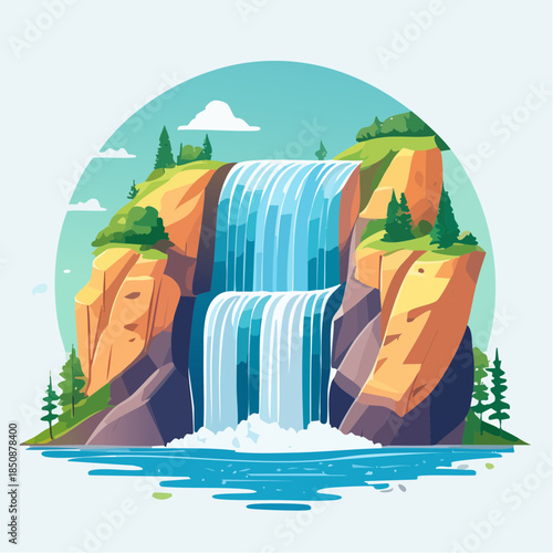 Cartoon illustration of a two-tiered waterfall cascading down rocky cliffs into a clear pool, surrounded by lush greenery and a serene sky.