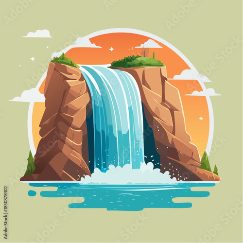 Cartoon illustration of a waterfall cascading between rocky cliffs into a pool of water.