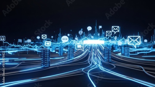 Abstract network connectivity luminous data streams converge upward