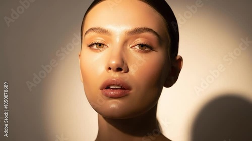 Beautiful woman with glowing skin in studio light showcasing skincare and makeup techniques tutorial