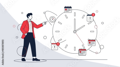 Businessman Managing Time and Appointments with Calendar and Clock Illustration