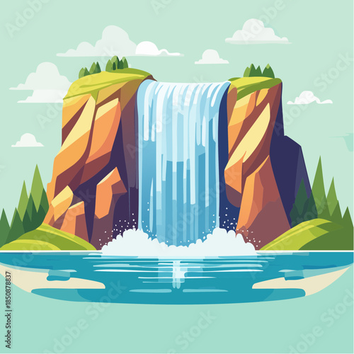 Cartoon illustration of a waterfall cascading into a pool of water surrounded by rocks and greenery.