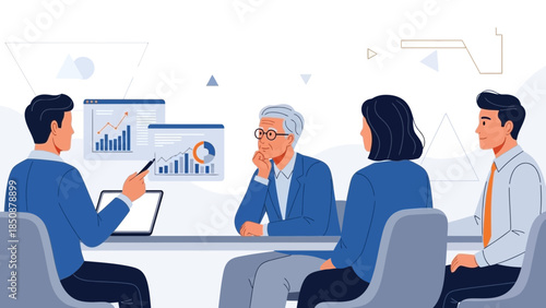 business meeting discussion with data analysis and team collaboration in a corporate setting