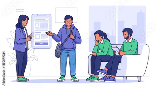 Young people engaging in digital communication at a waiting area in an urban environment